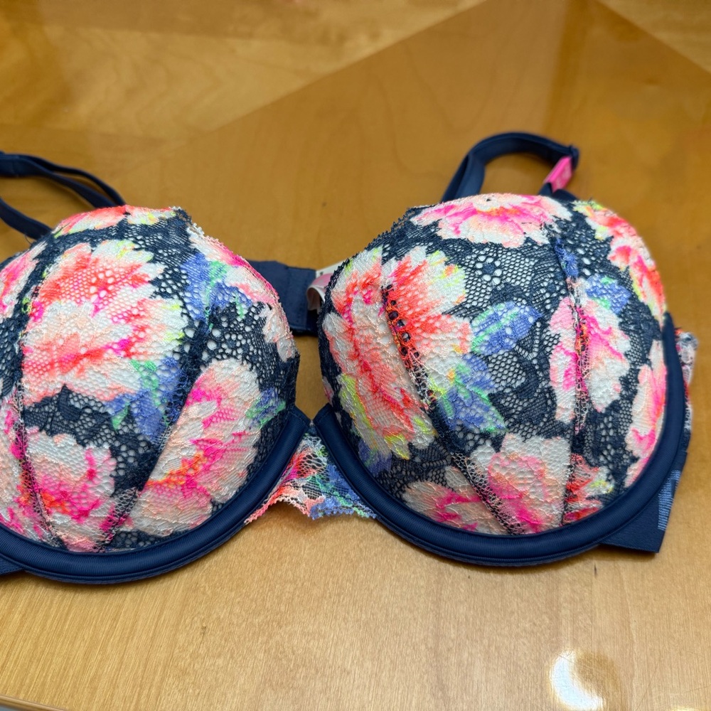 PINK Victoria's Secret Floral Lace Bra - Navy and Multicolor